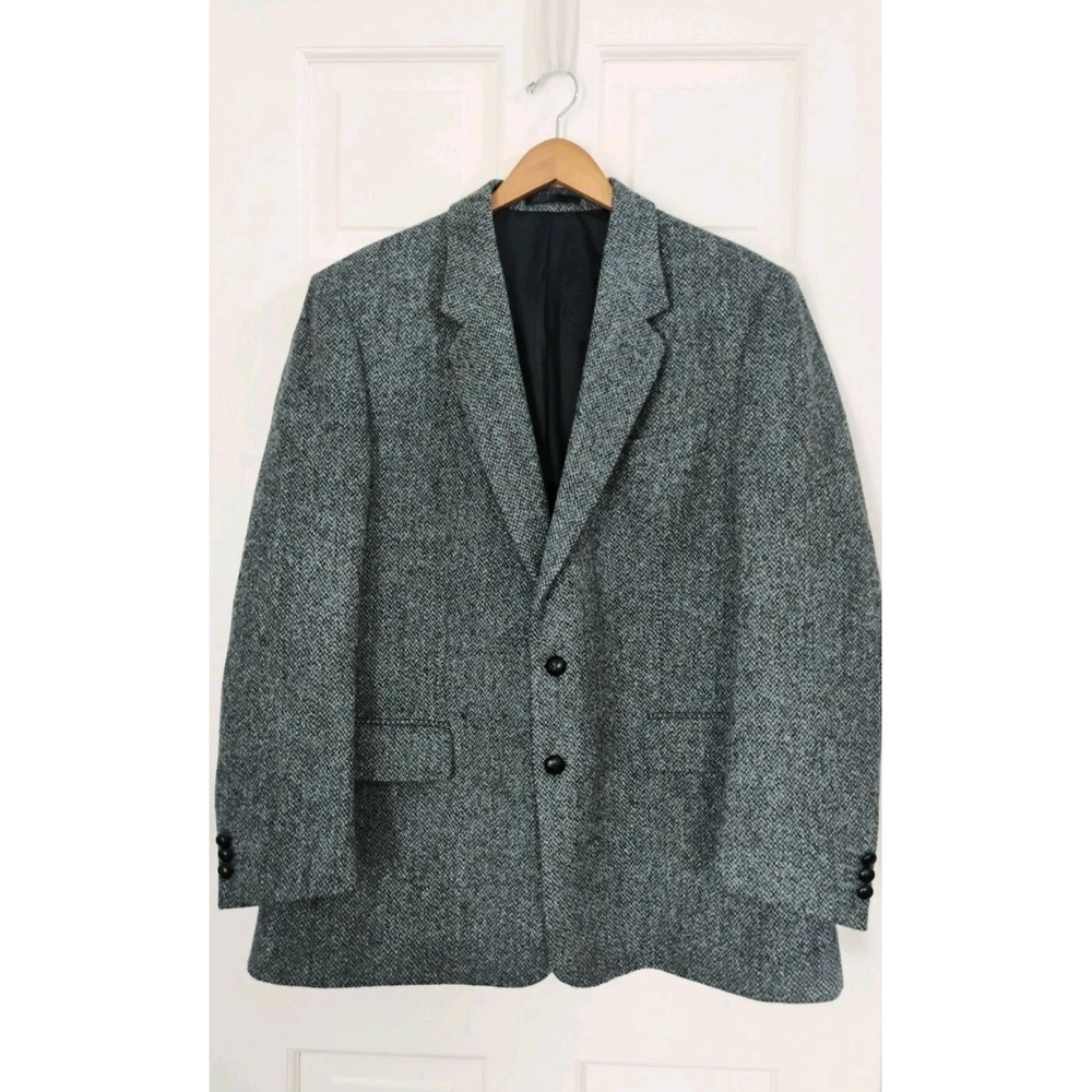 Vintage Harris Tweed Blazer Mens 46R Blue Tweed Wool Two Button Sport Coat
